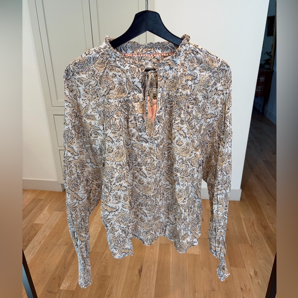 100% Cotton Anthropologie Cream Floral Paisley Tie-Neck Blouse